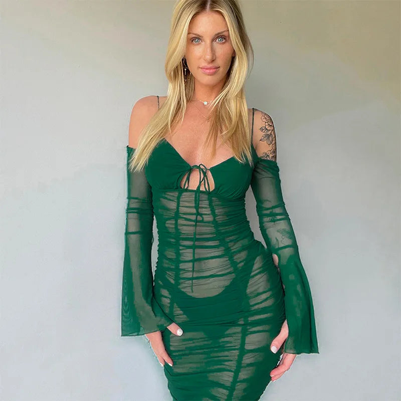 Fashion Mesh See Through Tie Front Maxi Dress Green / S
