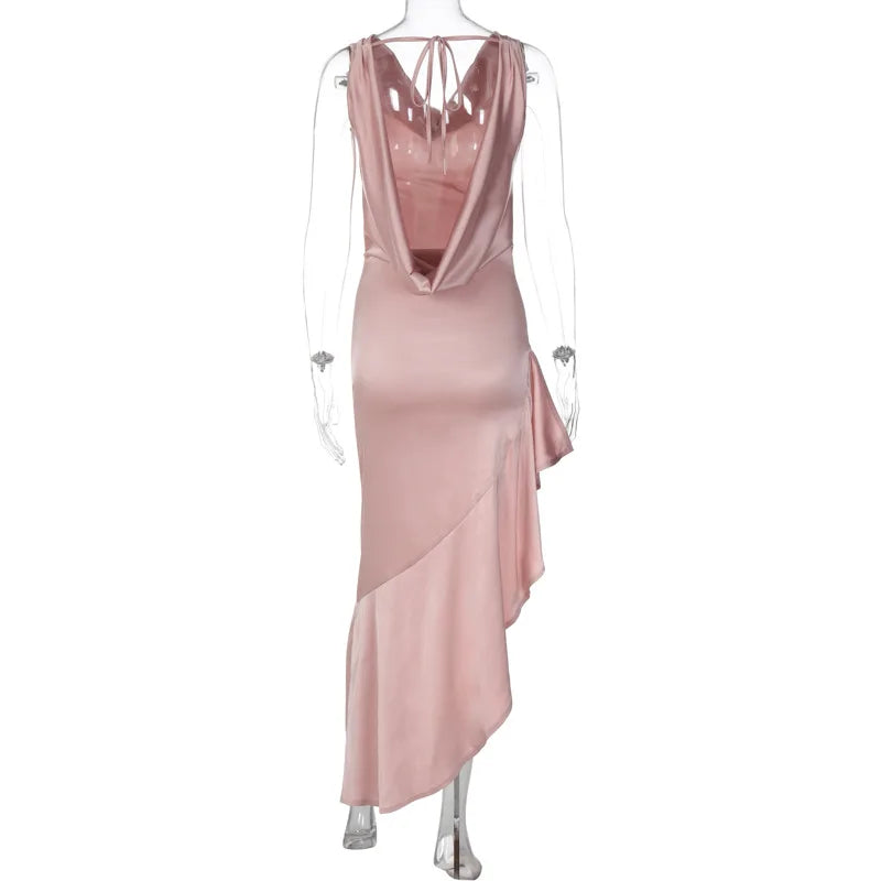 Fashion Open Back Ruffle Slit Backless Maxi Dress