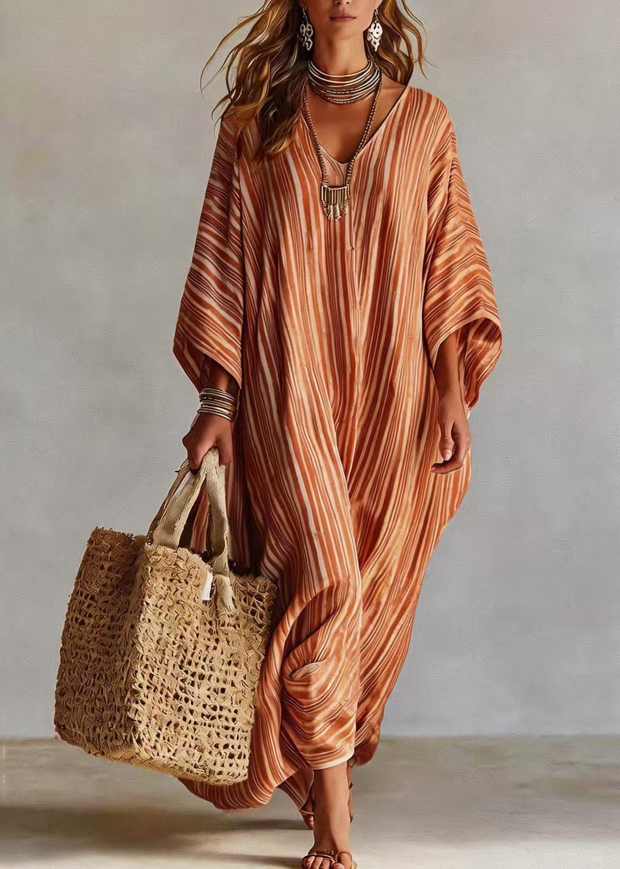 Fashion Pink V Neck Striped Cotton Long Dress Summer
