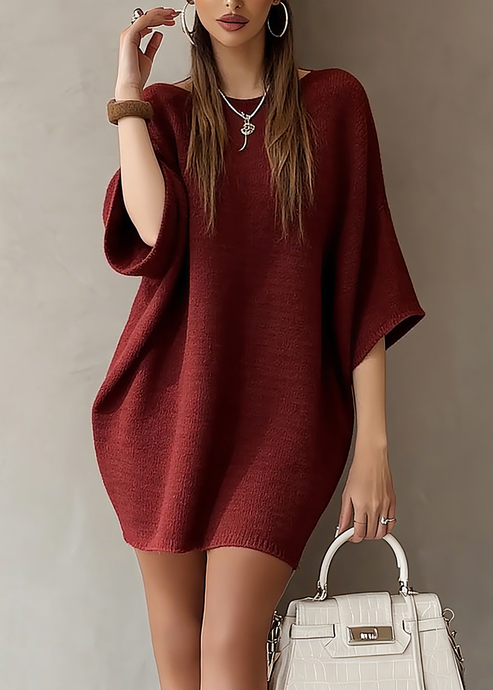 Fashion Red Slash Neck Knit Sweater Dress Batwing Sleeve