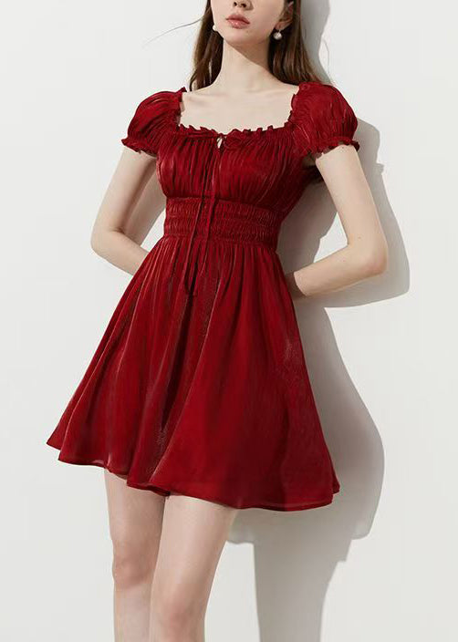Fashion Red Square Collar Wrinkled Silk Mini Dress Summer