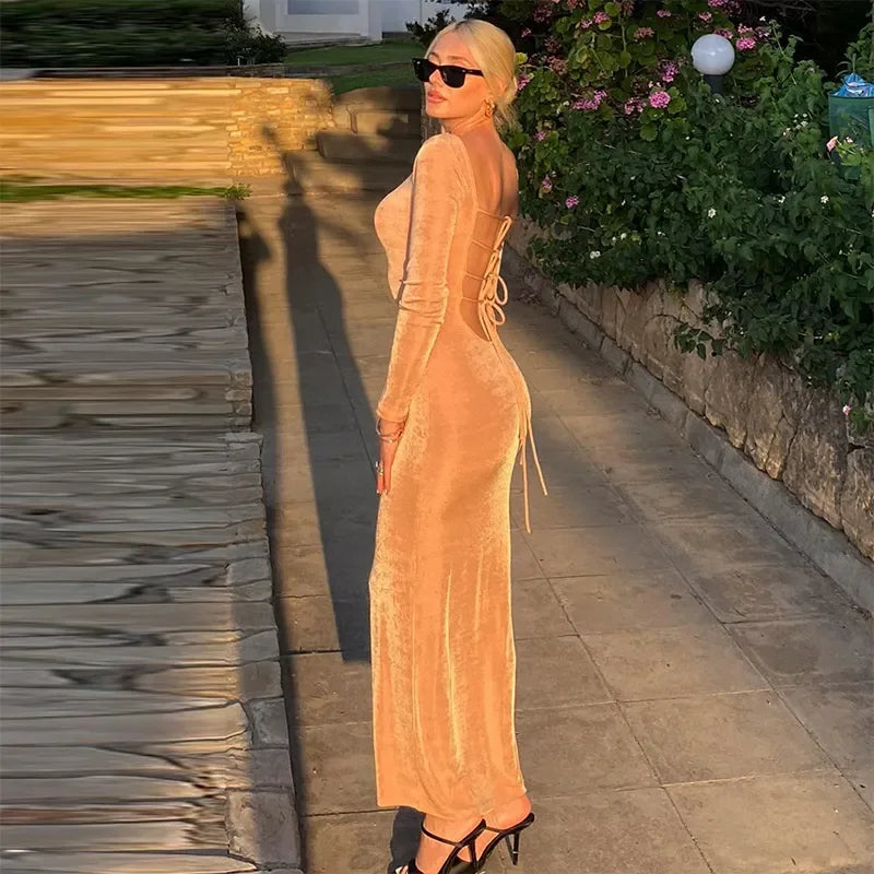 Round Neck Backless Maxi Dress Orange / S
