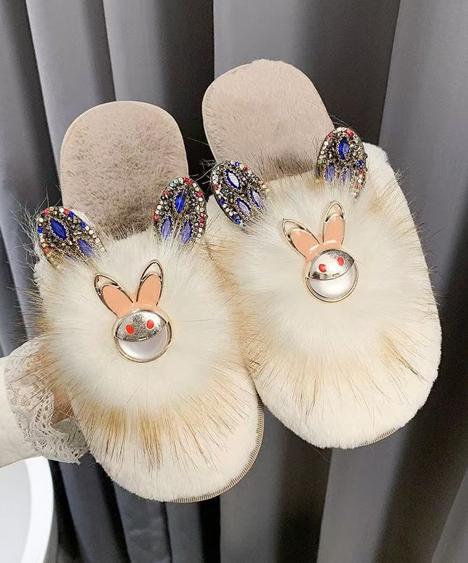 Fuzzy Fur Rhinestone Rabbit Open Toe Slippers