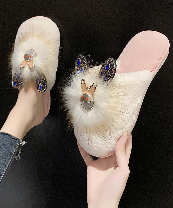 Fuzzy Fur Rhinestone Rabbit Open Toe Slippers