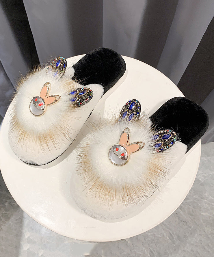 Fuzzy Fur Rhinestone Rabbit Open Toe Slippers