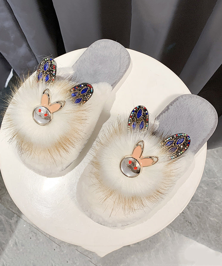 Fuzzy Fur Rhinestone Rabbit Open Toe Slippers