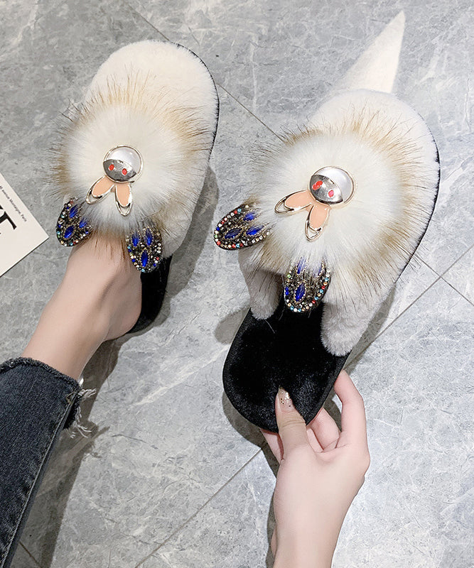 Fuzzy Fur Rhinestone Rabbit Open Toe Slippers