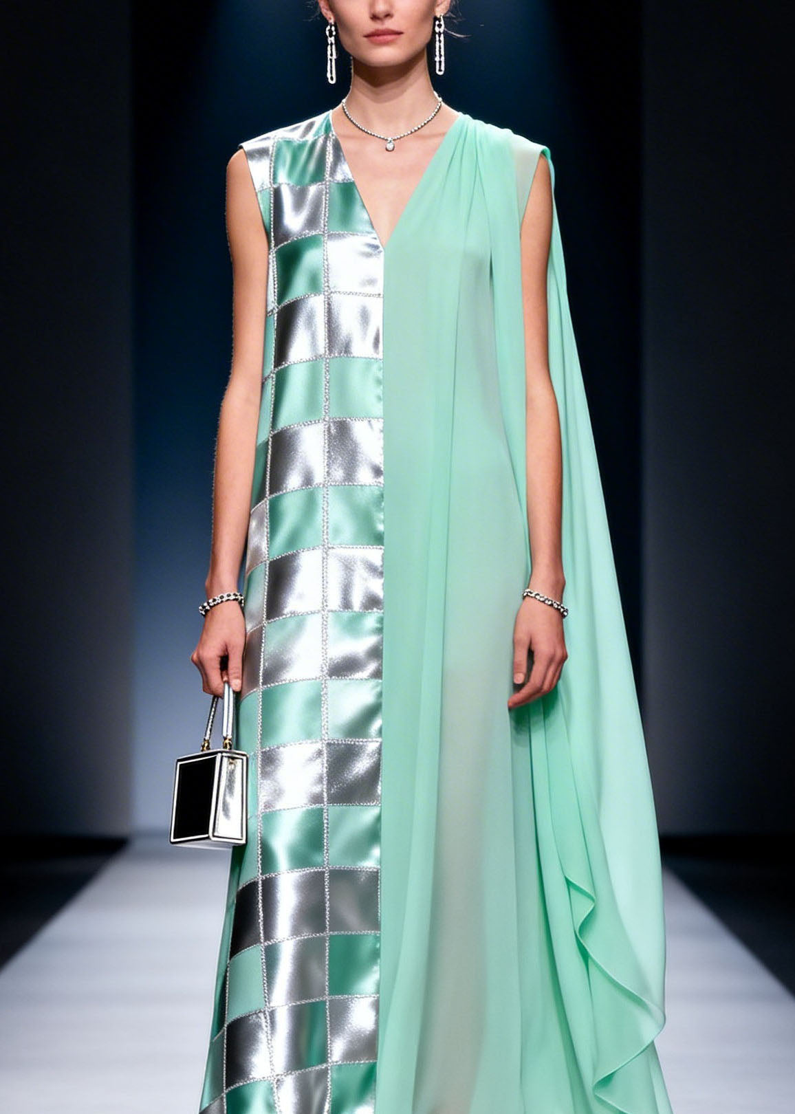 Fashion V Neck Plaid Print Chiffon Long Dress Summer