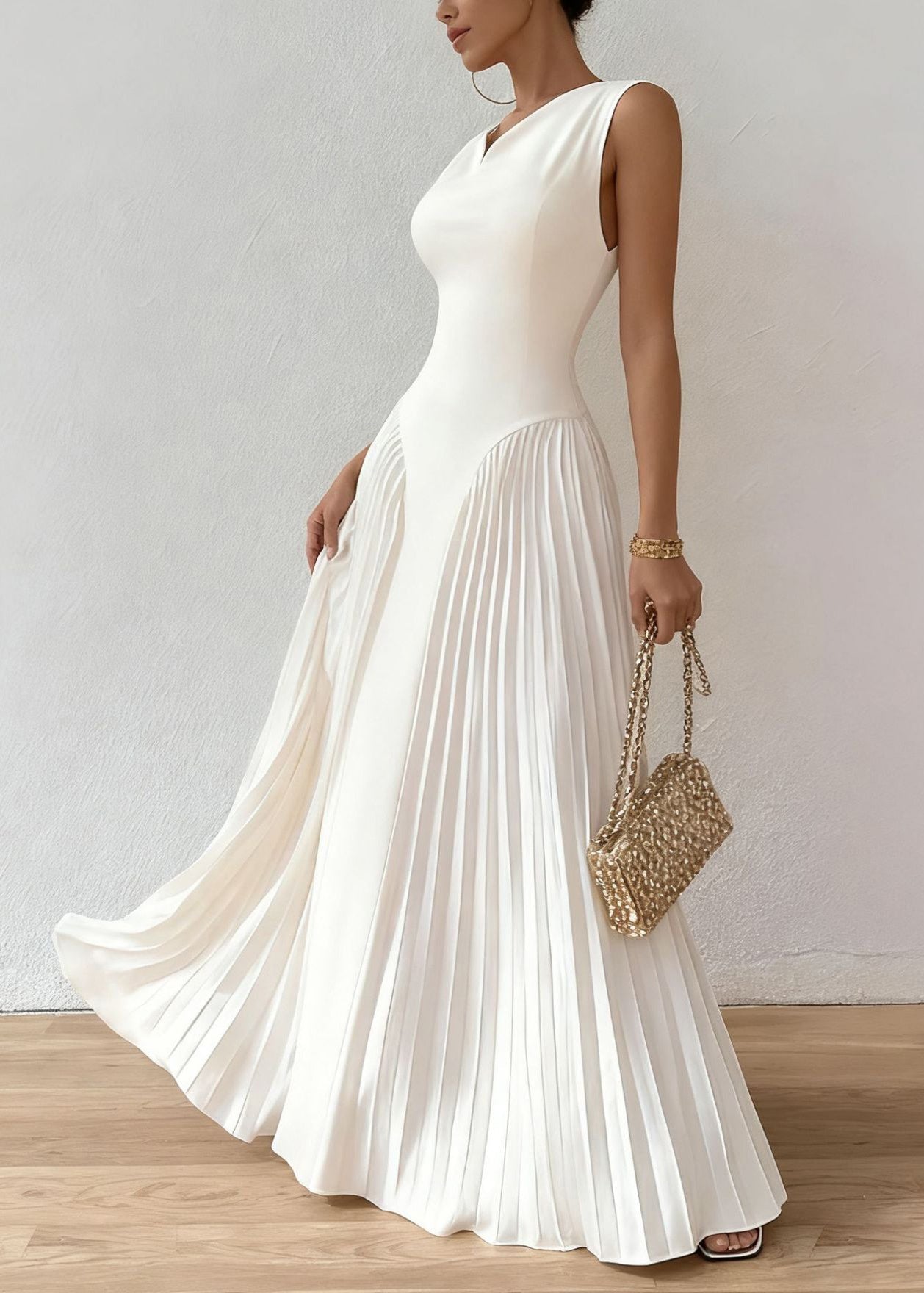 Fashion White Wrinkled High Waist Cotton Party Dress Summer