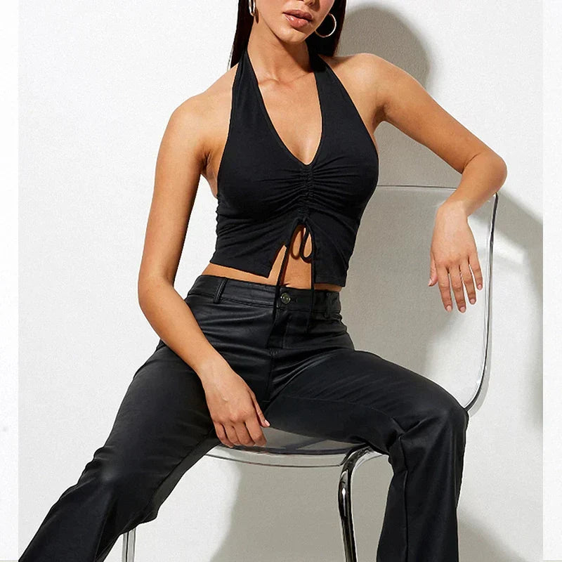 Fashion Women Lace Up Halter Black Sleeveless Drawstring Slim Fit Crop Club Summer Camis Streetwear Tank top