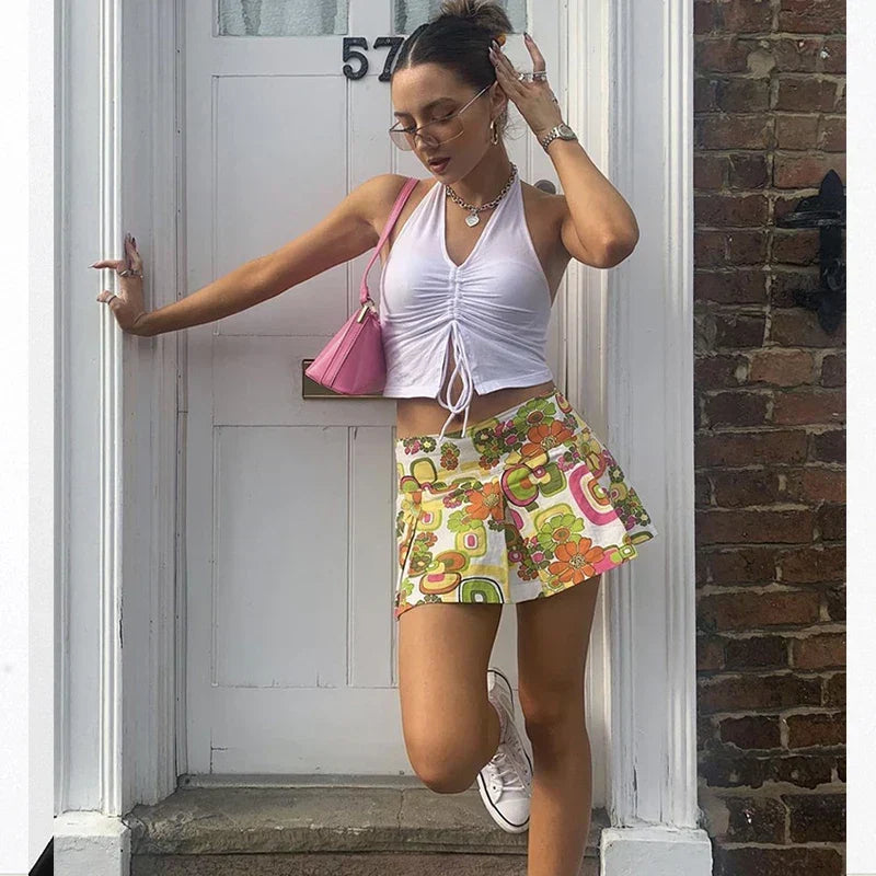 Fashion Women Lace Up Halter Black Sleeveless Drawstring Slim Fit Crop Club Summer Camis Streetwear Tank top