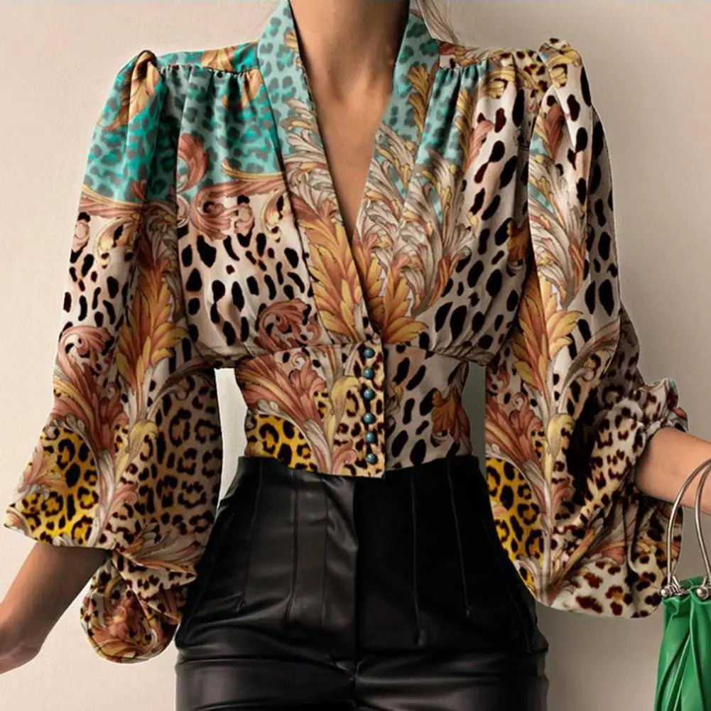 Slim Fit V Neck Cropped Lantern Blouse Light Green / M blouse-250126