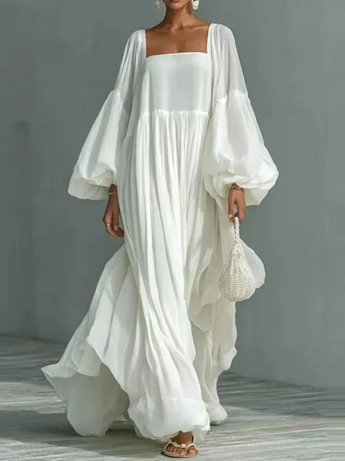 White Square Neck Balloon Sleeve Tiered Flowy Maxi Dress