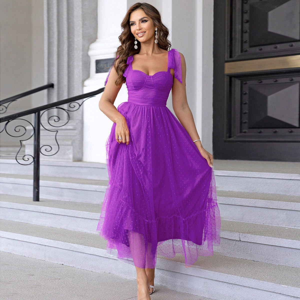Fashionable Evening Dress Lace up Shoulder Pleated Hem Mesh Dress