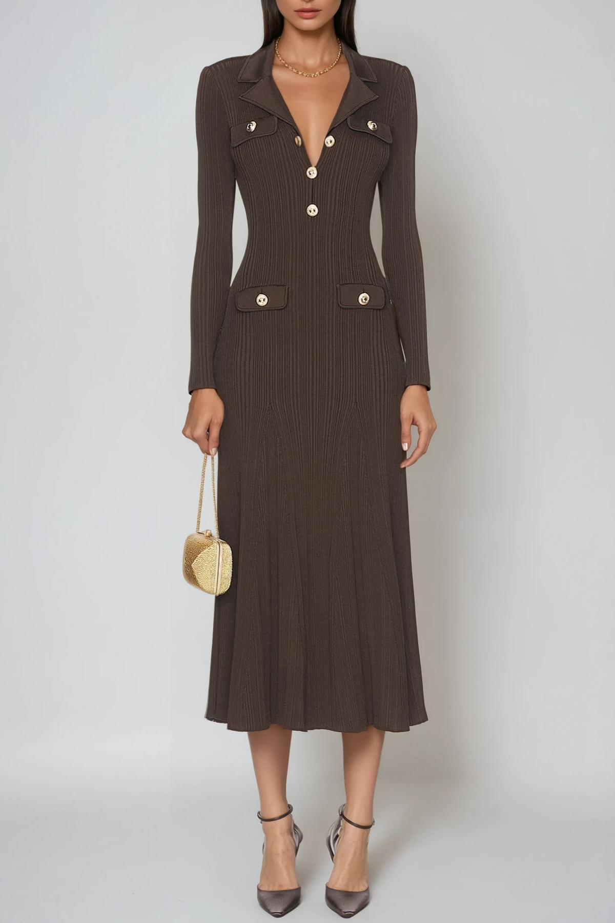 Faustin V Neck Button Knit Midi Dress