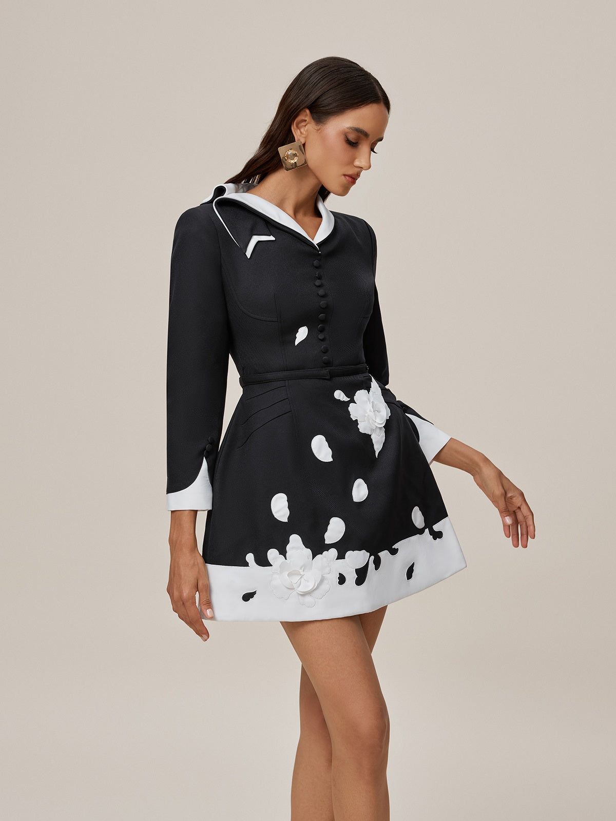 V Neck Embroidered Flower Mini Dress In Black
