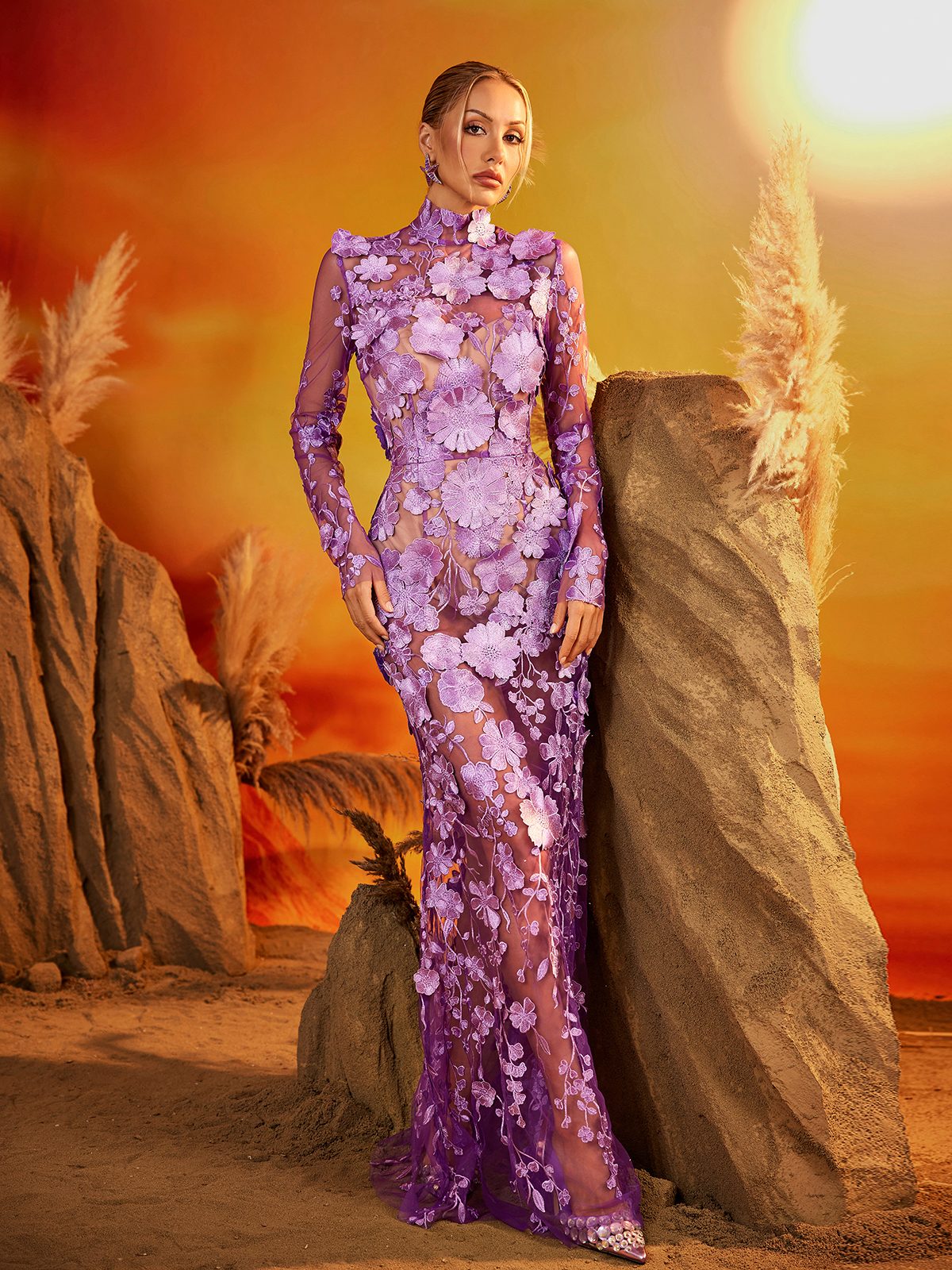 Long Sleeve Flower Mesh Skirt Set