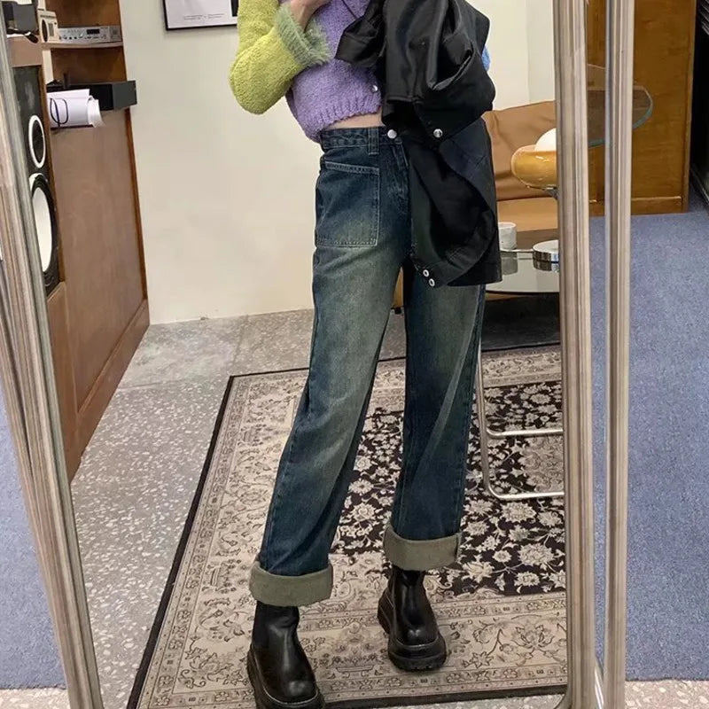 Fashion Straight Women Pant Woman High Waist Denim Pants Wide Leg Denim Clothing Blue Vintage Quality Jean
