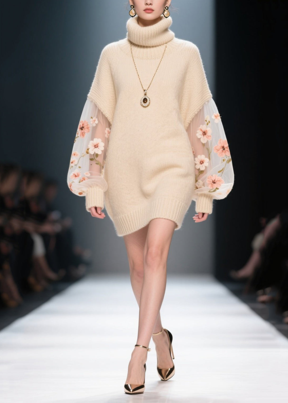 Fine Apricot Turtle Neck Patchwork Tulle Knit Mini Dress Winter