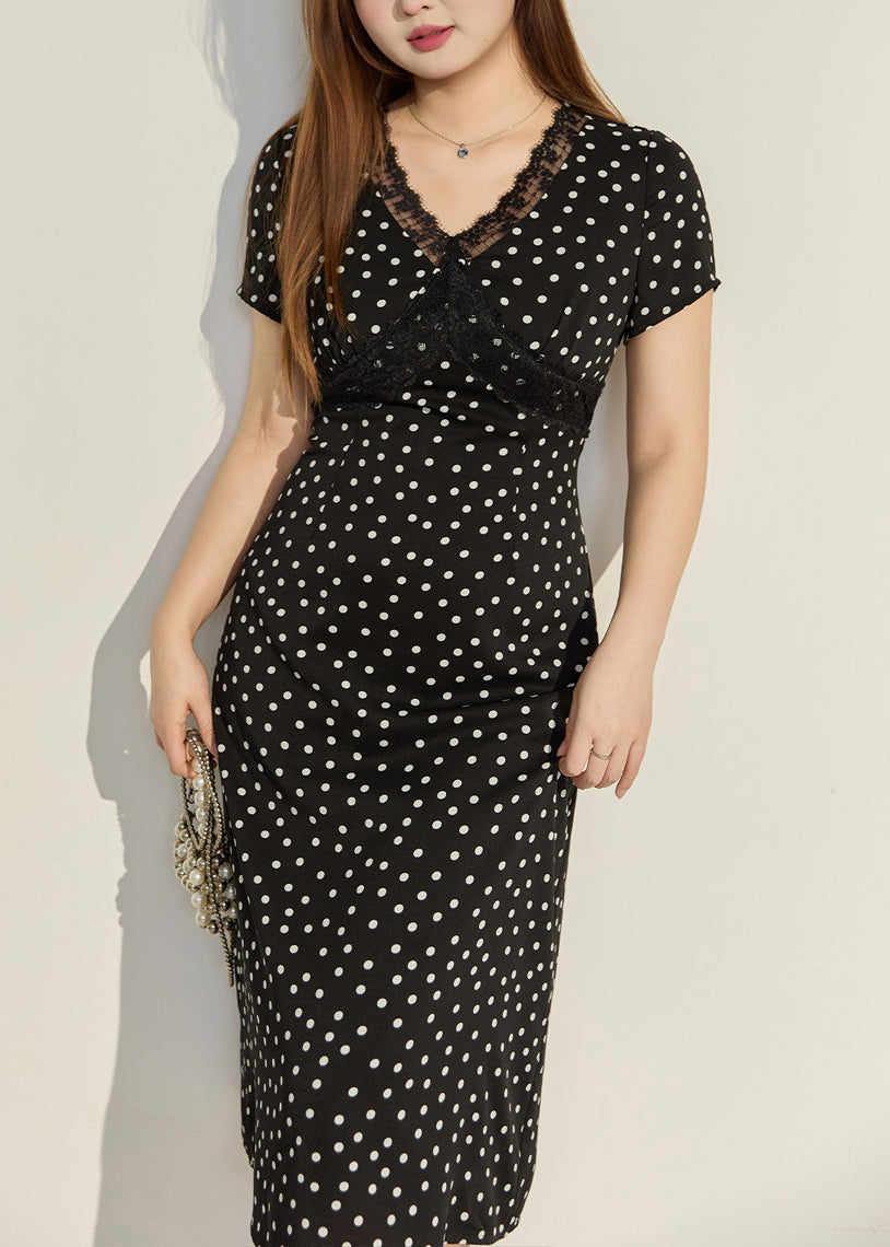 Fine Black V Neck Patchwork Dot Chiffon Dress Summer