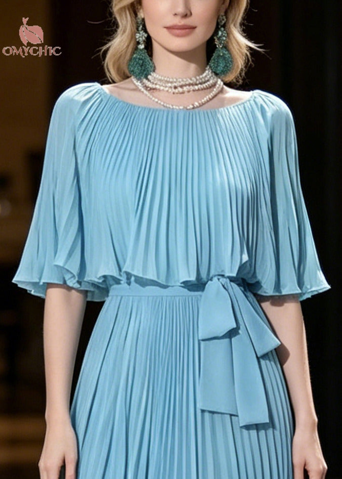 Fine Blue Tunic Wrinkled Chiffon Party Dresses Cloak Sleeves