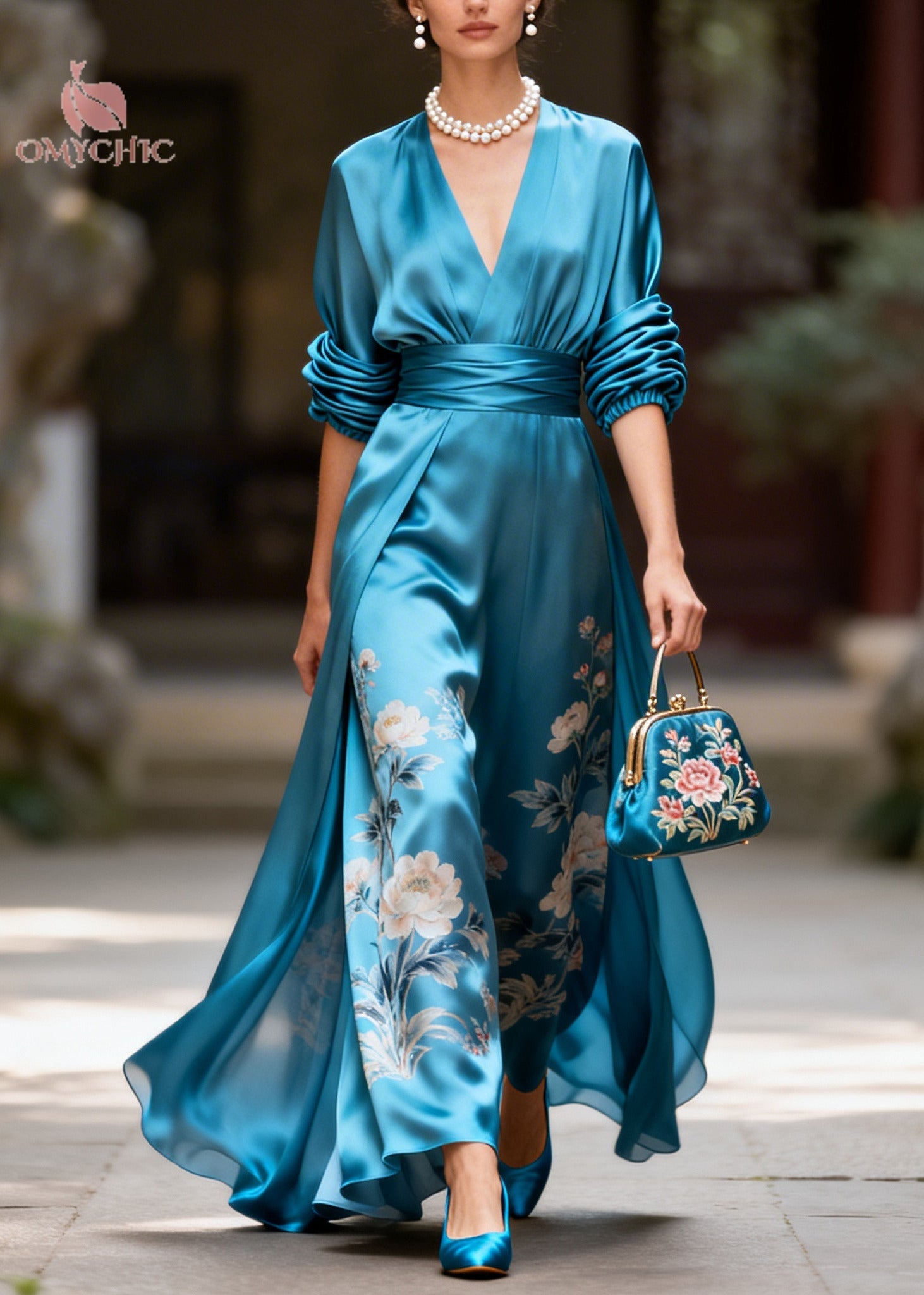 Fine Blue V Neck Print Silk Maxi Dress Long Sleeve