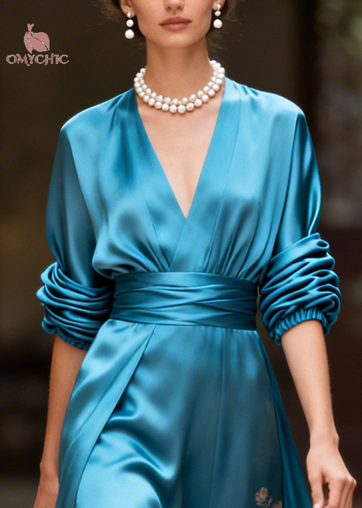 Fine Blue V Neck Print Silk Maxi Dress Long Sleeve