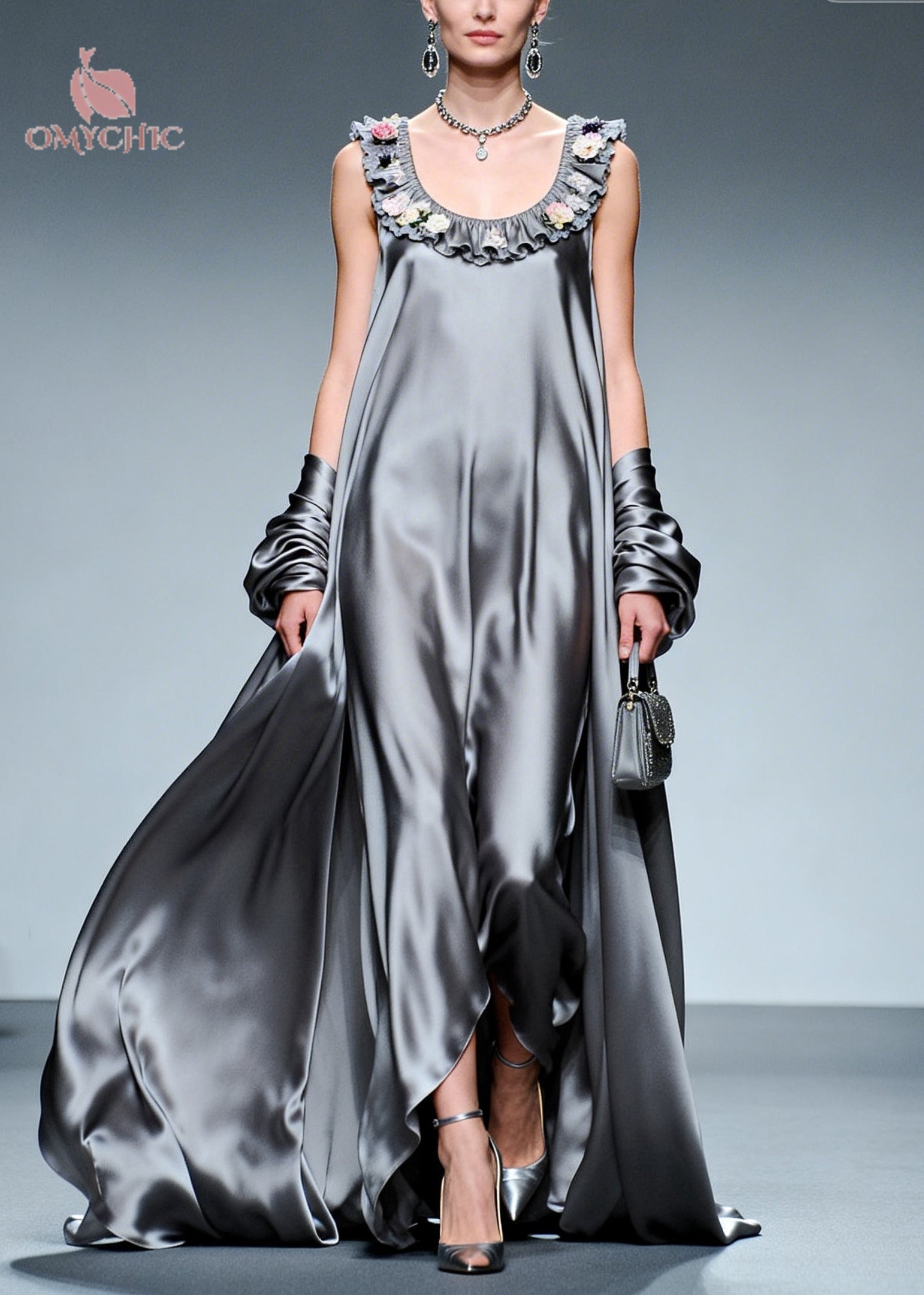 Fine Grey Ruffled Exra Large Hem Silk Party Dress Summer