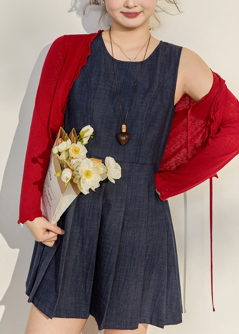 Fine Navy O-Neck Wrinkled Cotton Day Dresses Sleeveless
