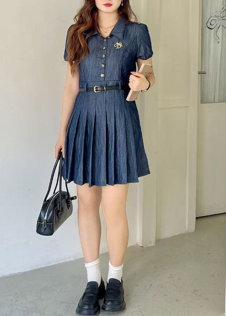 Fine Navy Tunic Denim Pleated Dress Summer