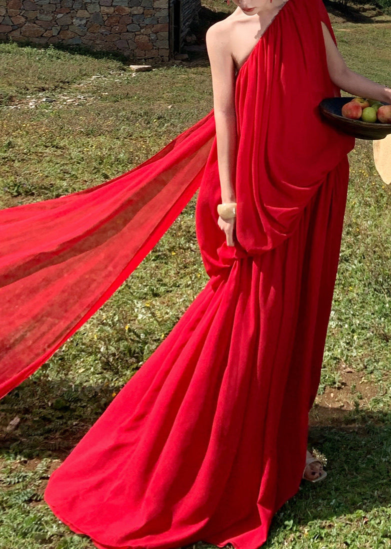 Fine Red Asymmetrical One Shoulder Solid Long Dress Sleeveless