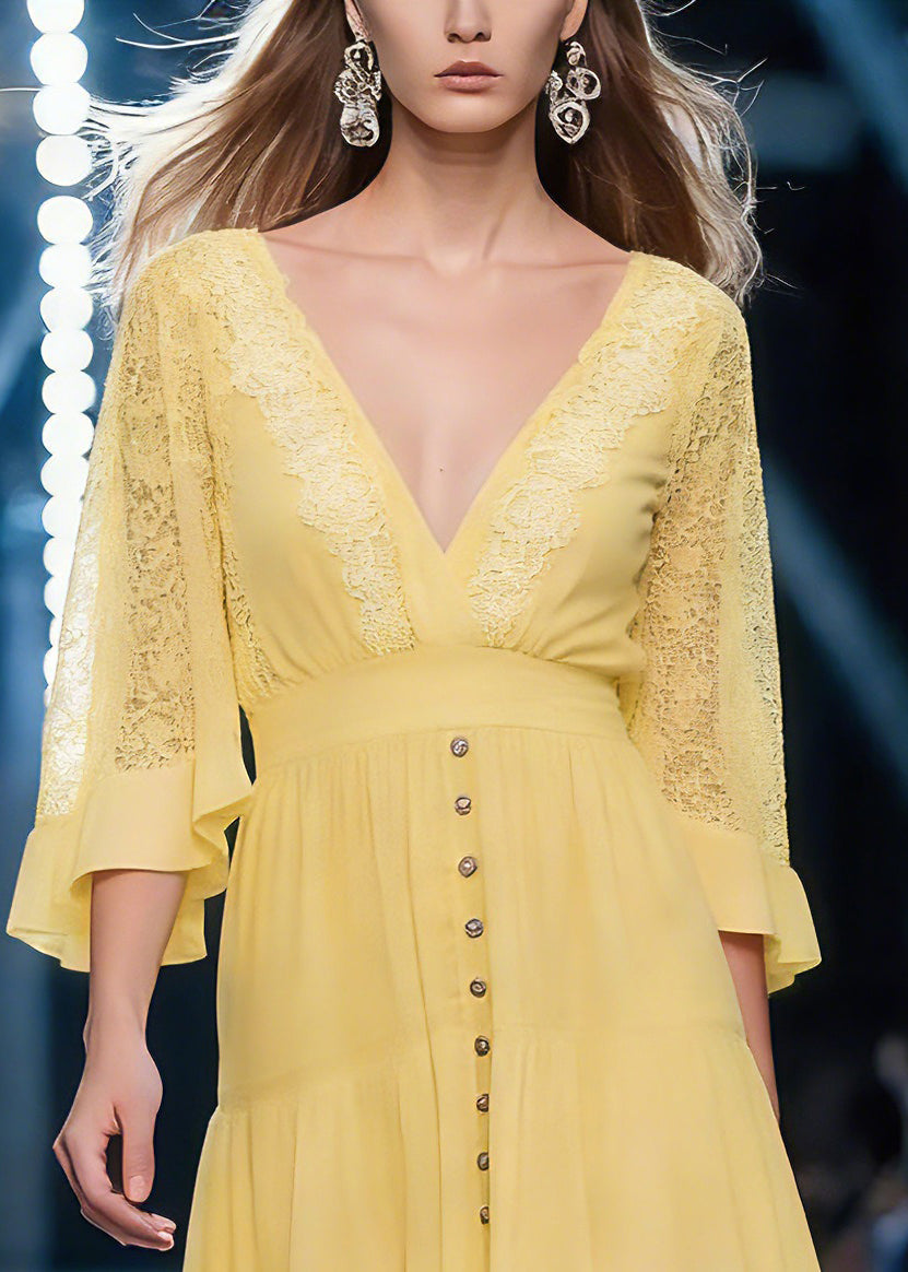 Fine Yellow V Neck Solid Mid Dress Batwing Sleeve