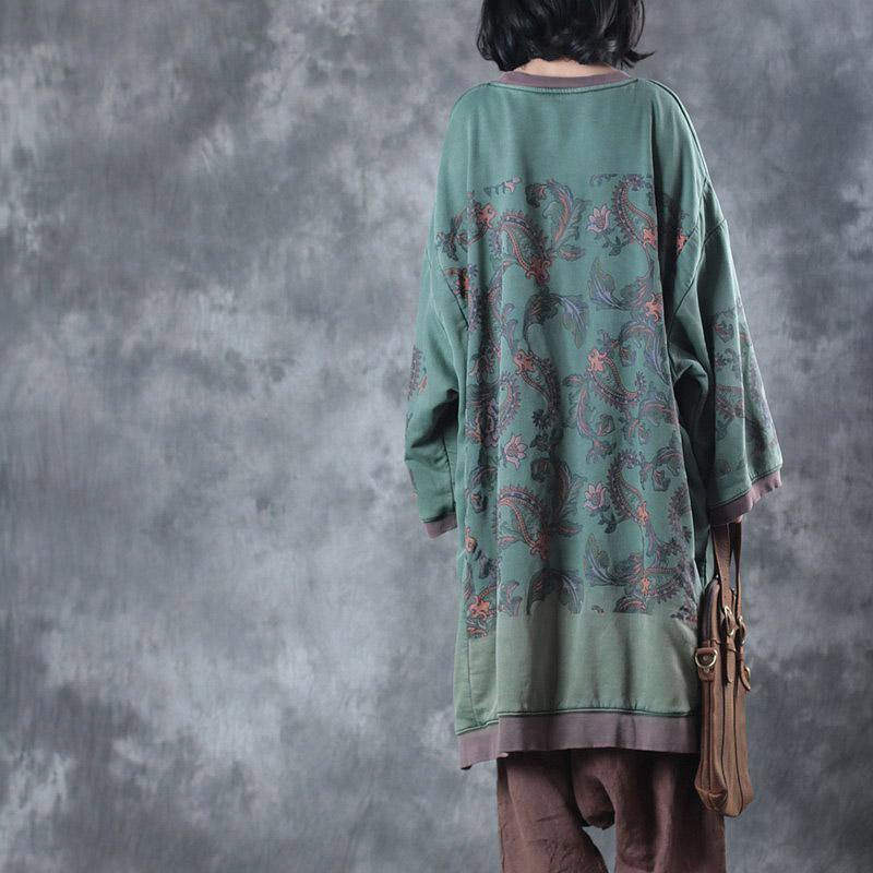 Green Print O Neck Midi-length Cotton Dress