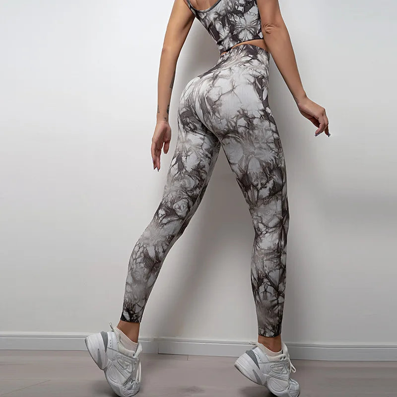 Tie Dye Waist Seamless Printed Elastic Workout Legging Gray / S
