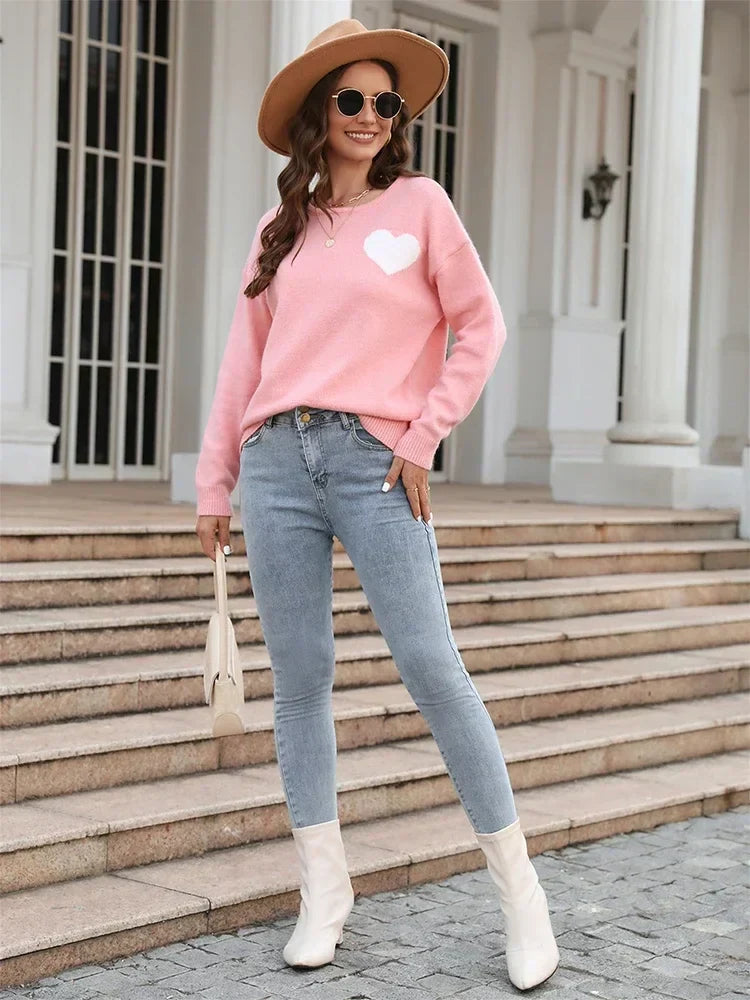 Fitshinling Heart Basic Autumn Winter Long Sleeve Cozy Green Sweater