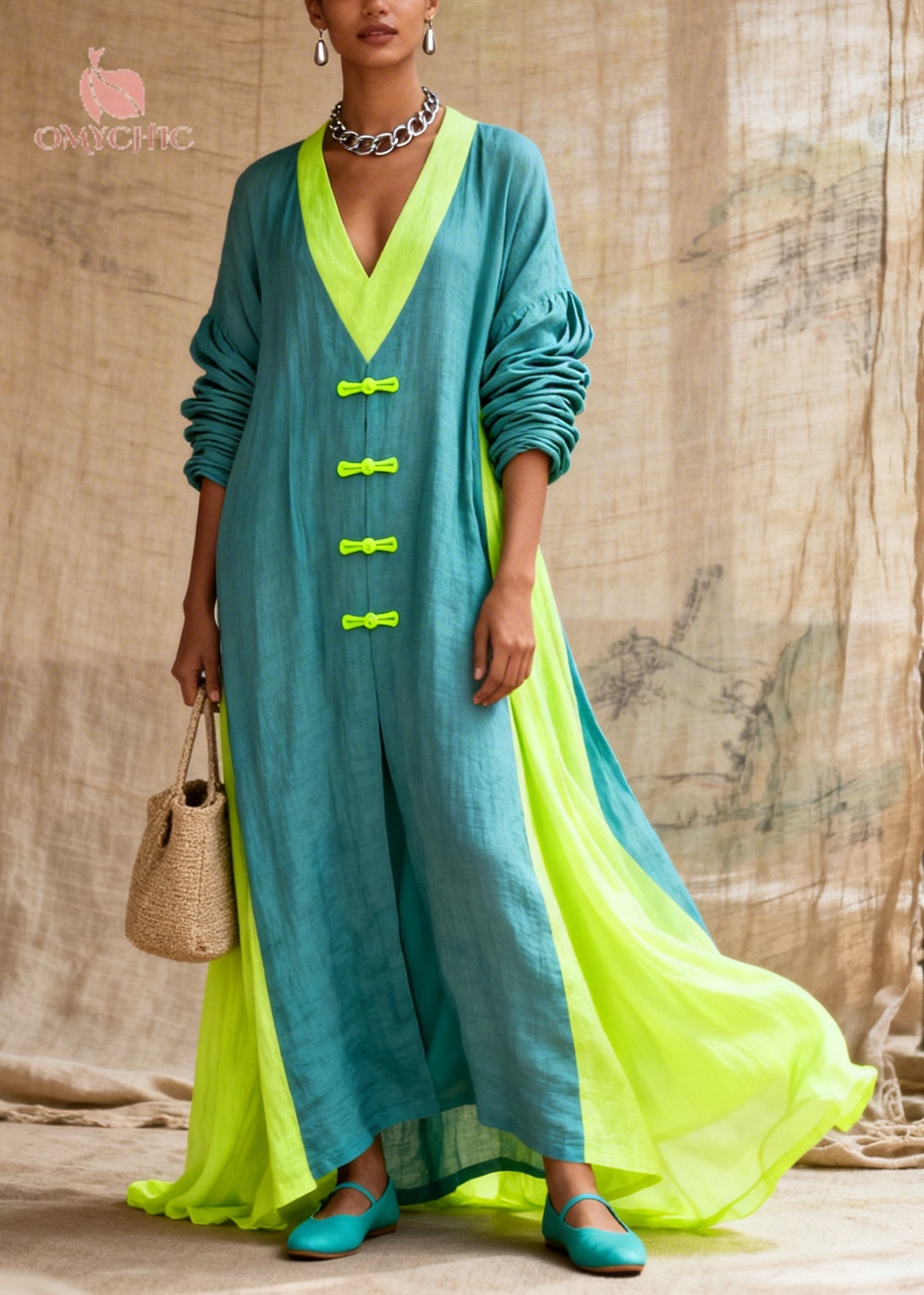 Fitted Blue Oversized Patchwork Chinese Button Cotton Maxi Dresses Fall