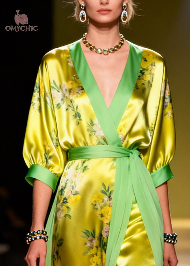 Fitted Grass Green Print Tulle Patchwork Silk Party Dresses Summer