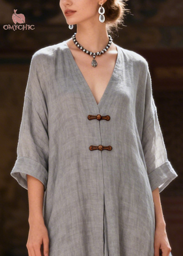 Fitted Grey Oversized Chinese Button Cotton Robe Dresses Summer