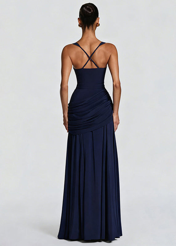 Fitted Navy Wrinkled Backless Long Spaghetti Strap Dress Summer