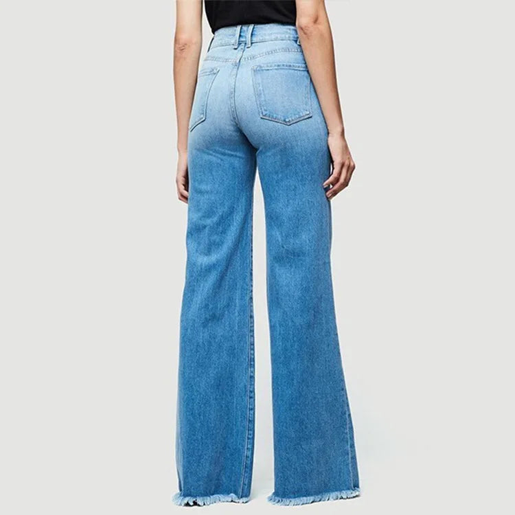 Flare Women High Waist Slim Vintage Fashion Streetwear Stretch Casual Full Length Loose Wide Leg Jean