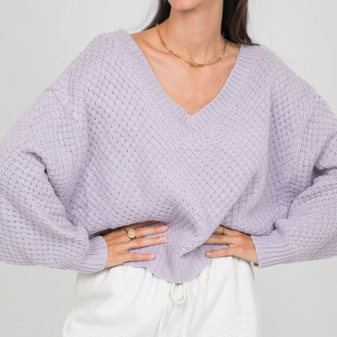 Purple V-Neck Drop Shoulder Bishop Sleeve Pointelle Knit Sweater