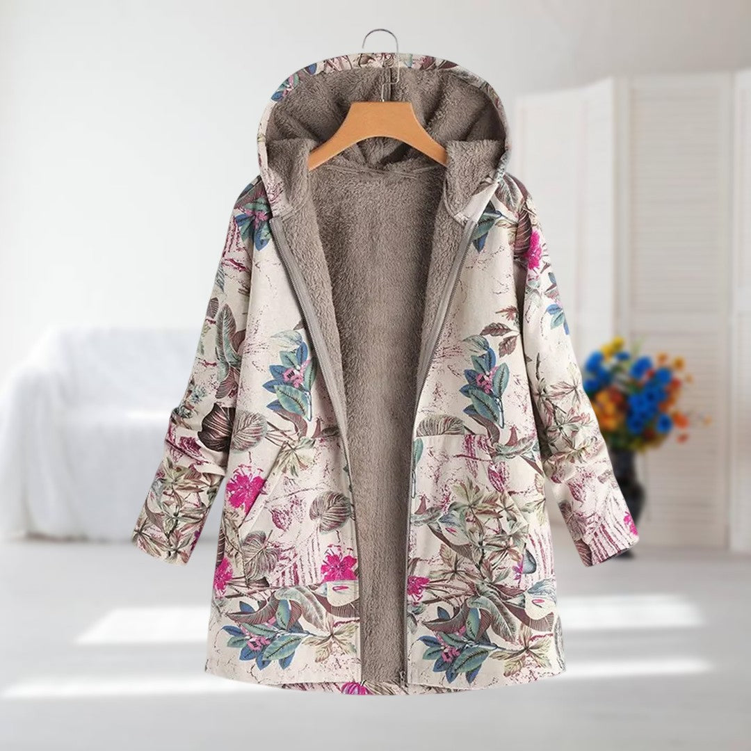 Hooded Floral Print Fleece-Lined Zip-Front Quilted Jacket 6