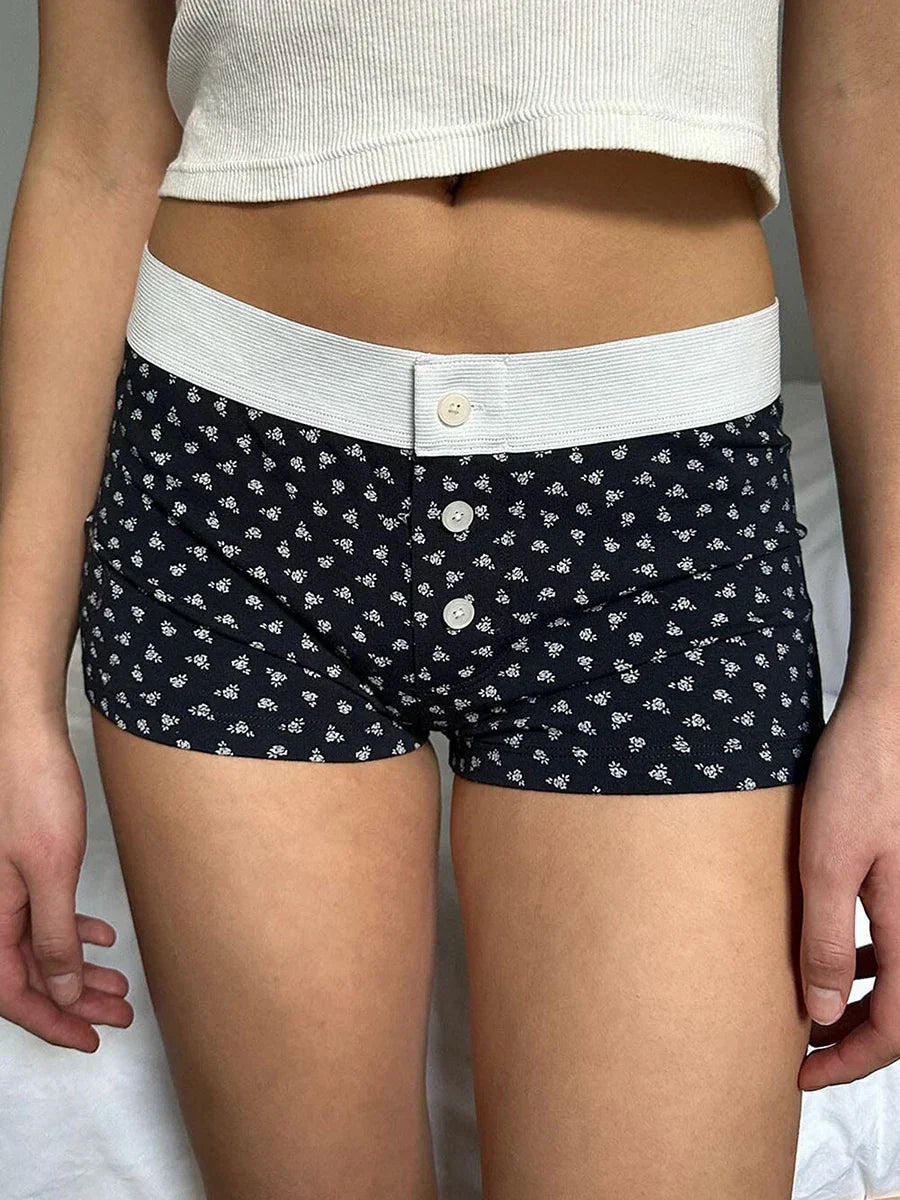Floral Button Elastic Waist Short Black / S short-250223