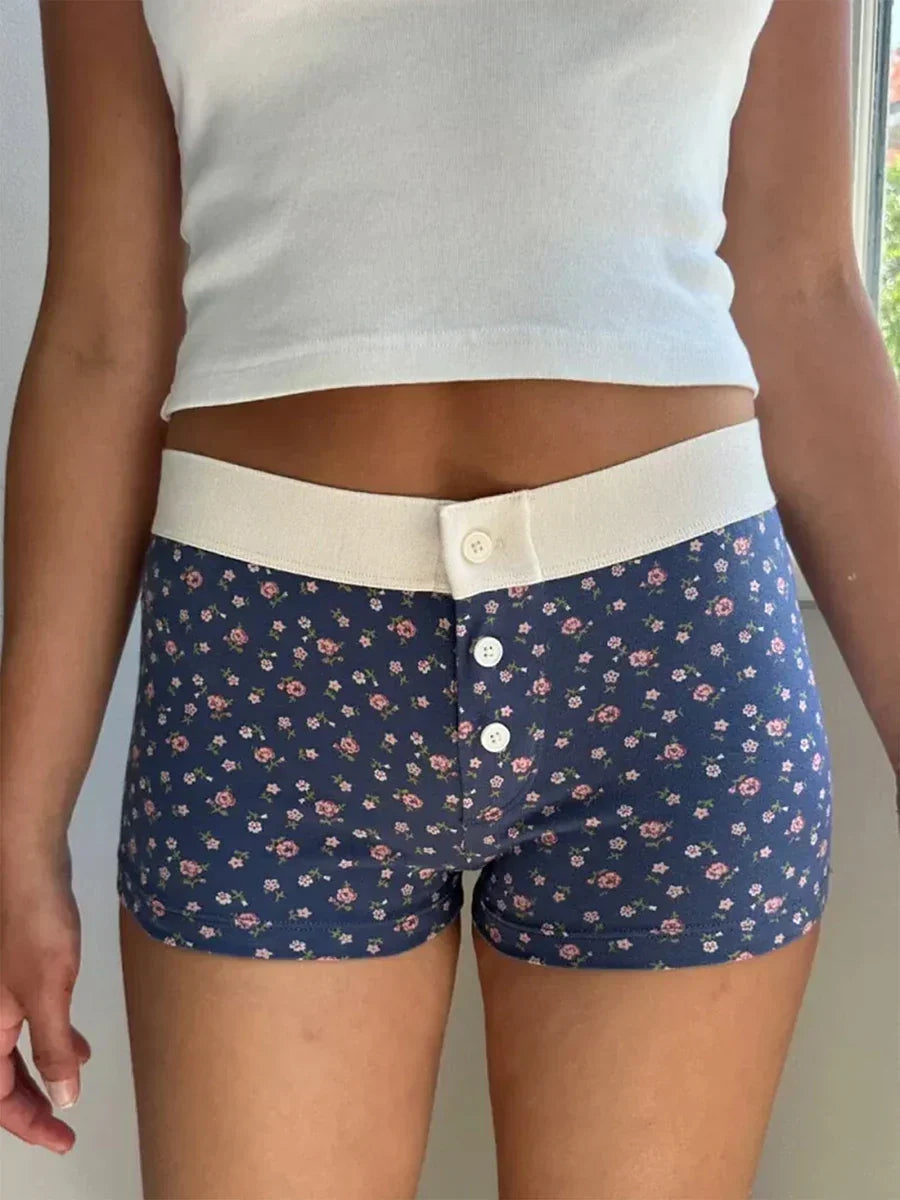 Floral Button Elastic Waist Short Blue / S short-250223