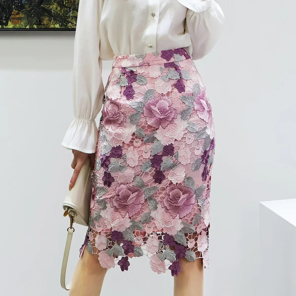Floral Lace Pencil Skirt for Women Pink / S