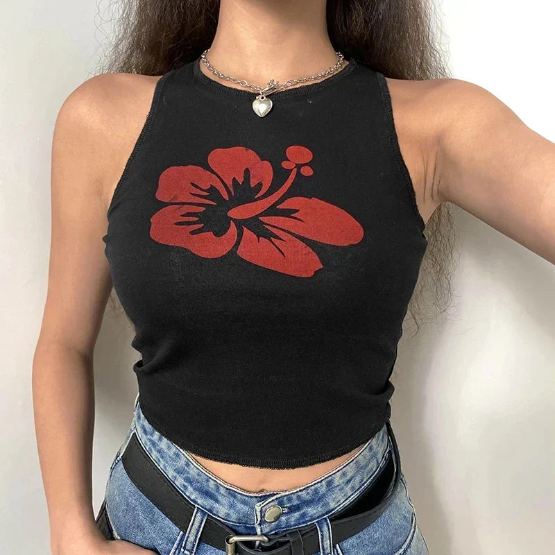 Floral Corset Vintage Sleeveless O Neck Crop Women Contrast Harajuku Cute Summer Sweats Tank Top