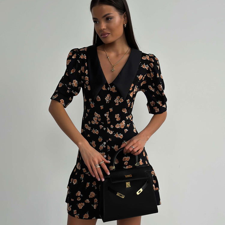 Floral Dress High Grade French Short Sleeve Collared Waist Tight Slimming Tea Break A line Dress