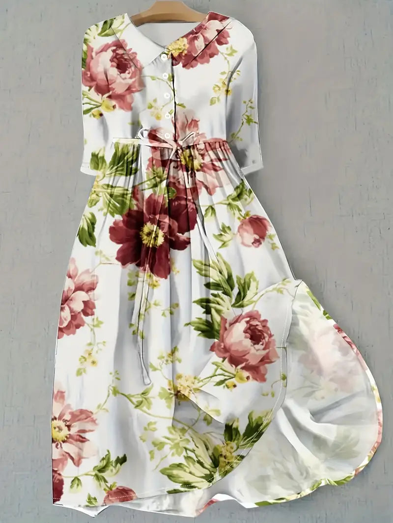 Multi Collared Rose Floral Half Sleeve Button Front Tie Waist Midi Dress