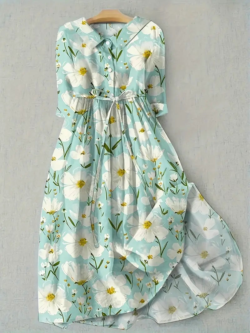 Multi Collared Floral Print Button Front Belted Half Sleeve Midi Dress