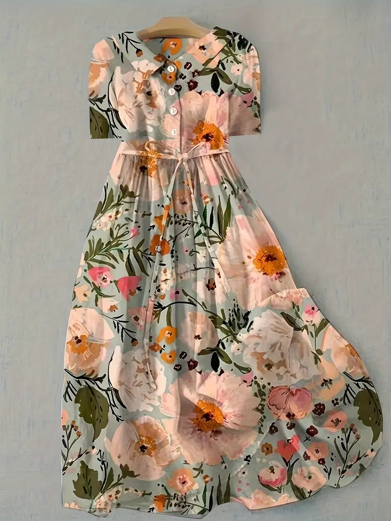 Collared Floral Print Short Sleeve Tie Waist Midi Dress